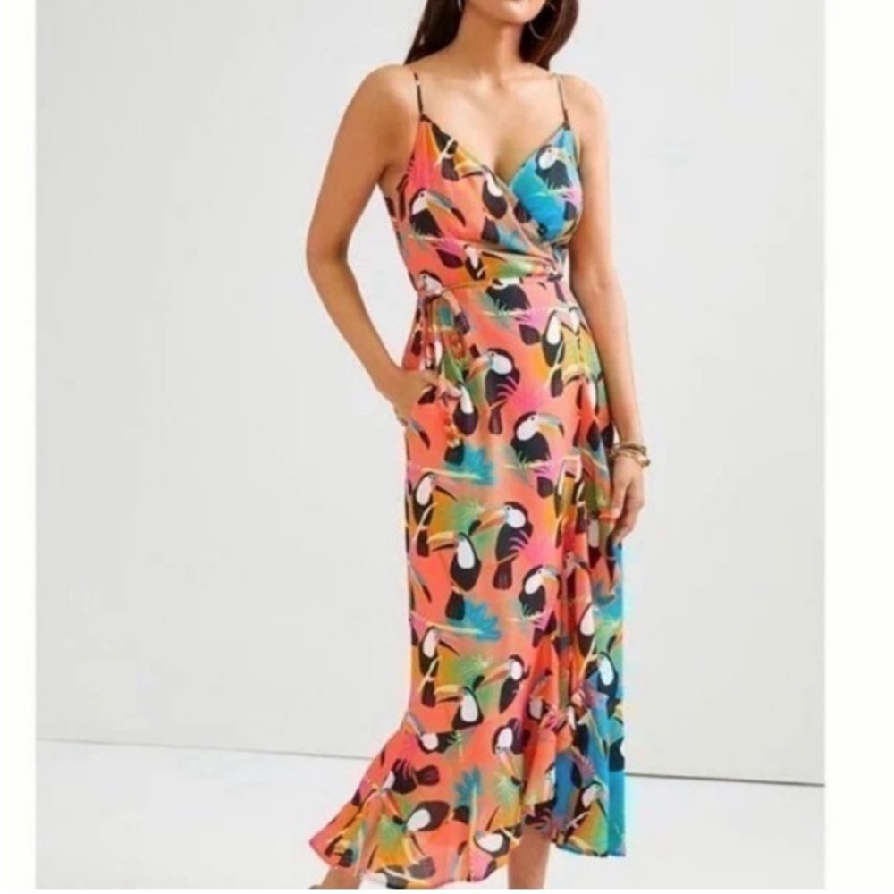 FARM Rio Toucan Wrap Dress spaghetti strap tropical vacation XS